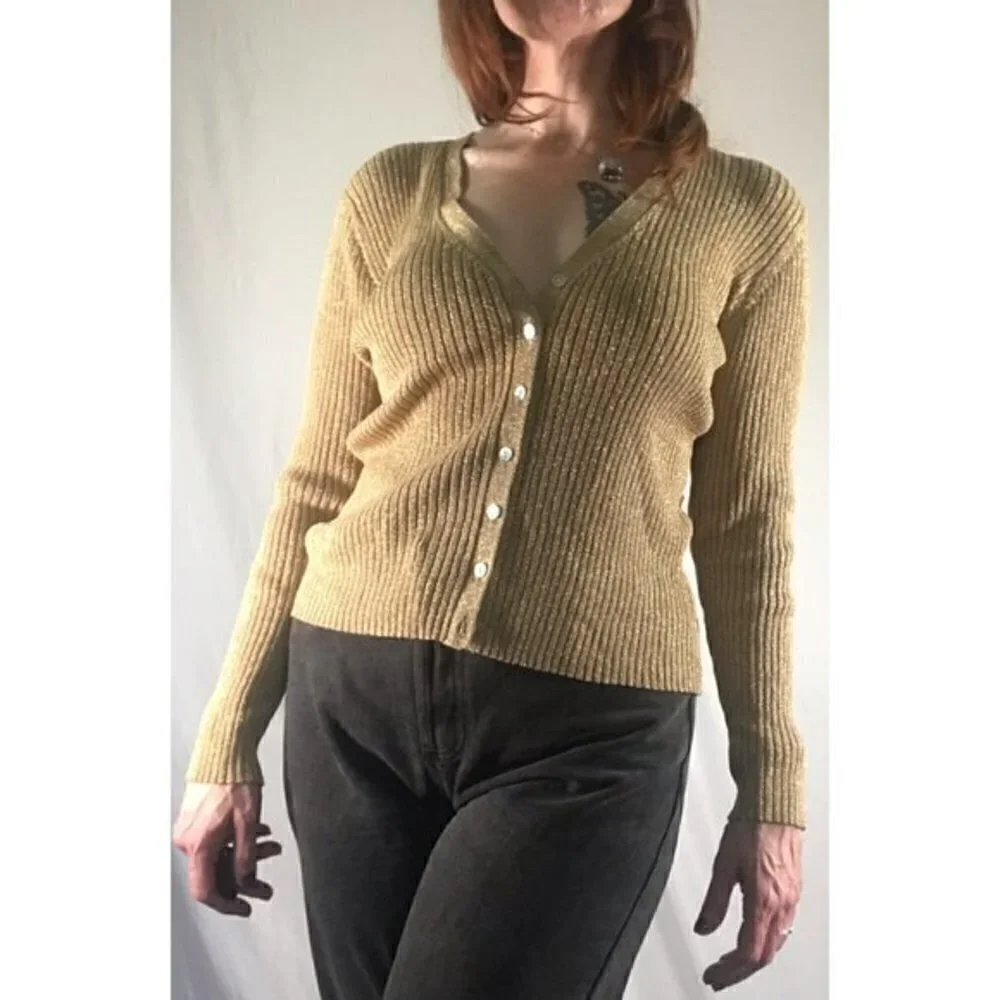 90’s Vintage ‘Joseph A.’ Metallic Gold Ribbed Cardigan